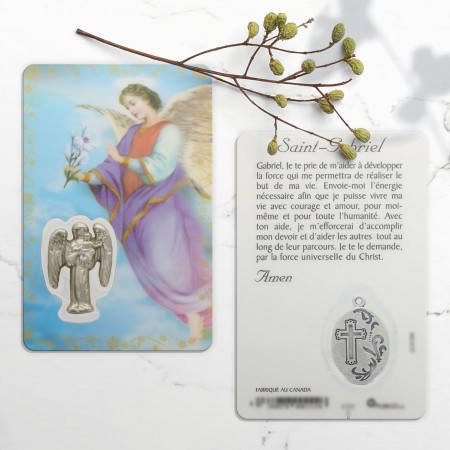Prayer card Saint Gabriel with medal