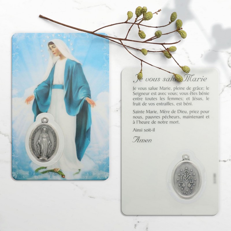 Carte de prière Vierge Miraculeuse avec médaille