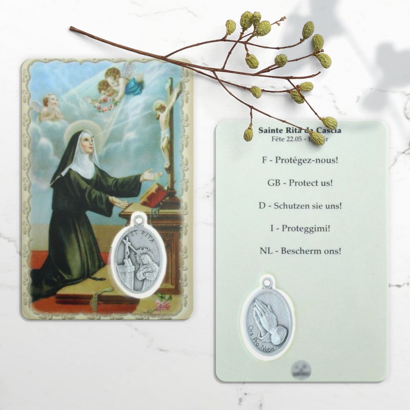 Saint Rita Prayer card with a medal