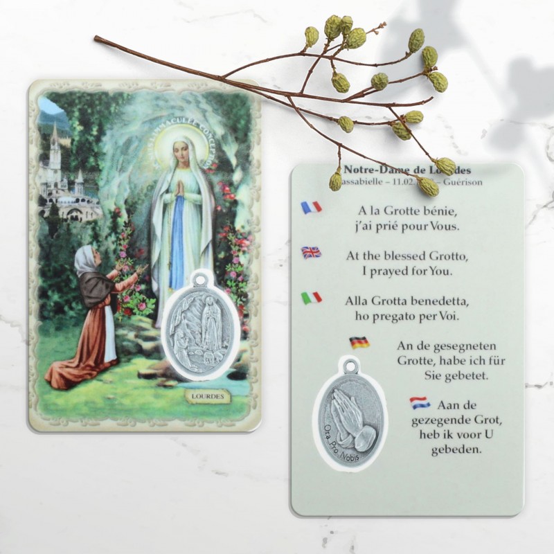 Our Lady of Lourdes Prayer Card with medal