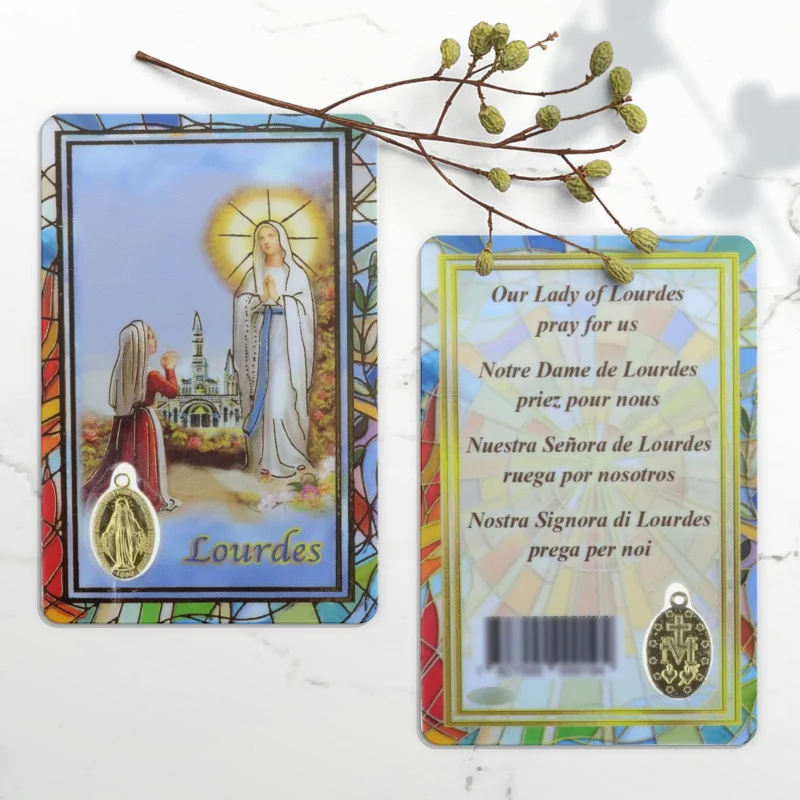Lourdes Apparition prayer card in Thick plastic with a Miraculous golden medal