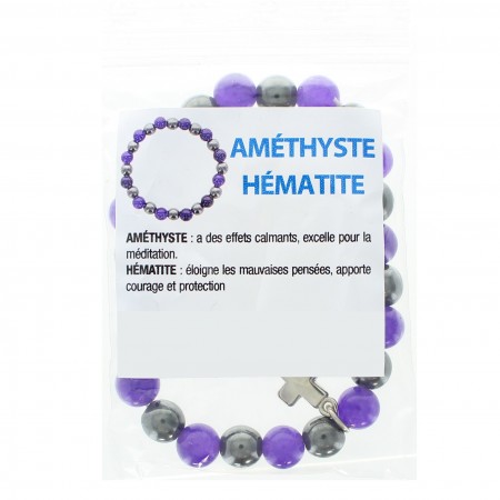 Bracelet en pierres naturelles d'Hématite et Améthyste avec croix