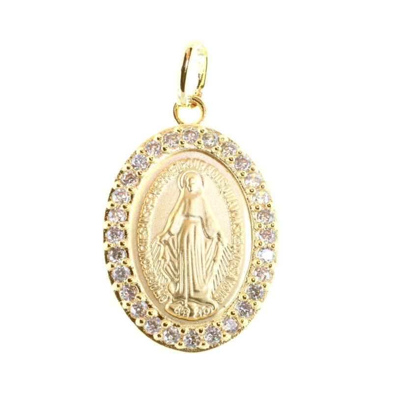 Médaille Plaqué Or, Vierge Miraculeuse et contours strass 25mm