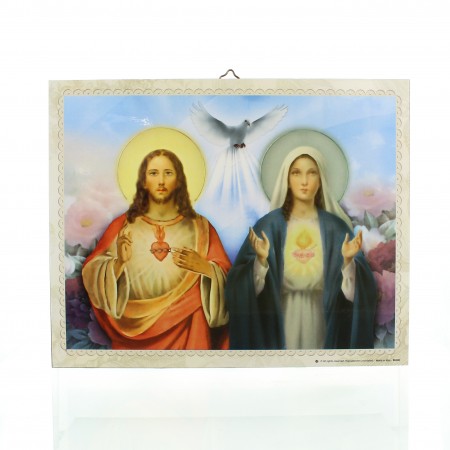 Cadre Sacré Coeur de Jésus et Sacré Coeur de Marie sur bois 25x19cm