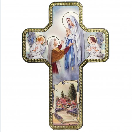 Croce decorativa dell'Apparizione di Lourdes con angeli 18x12cm