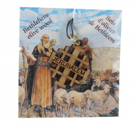 Collana in corda con croce di Gerusalemme in legno d'ulivo di Betlemme