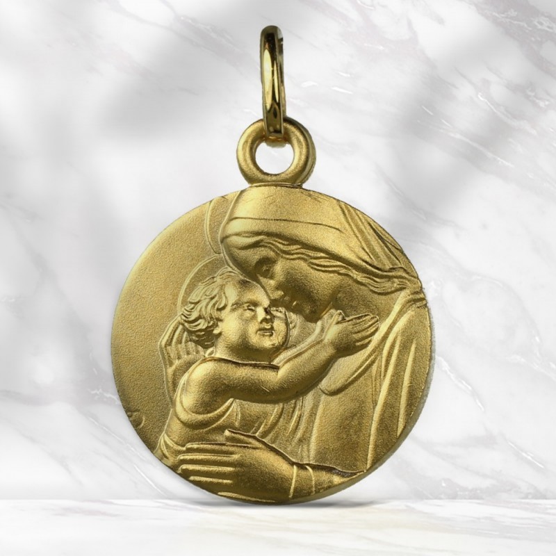 Médaille ronde Vierge à l'Enfant Jésus en Plaqué Or 15mm