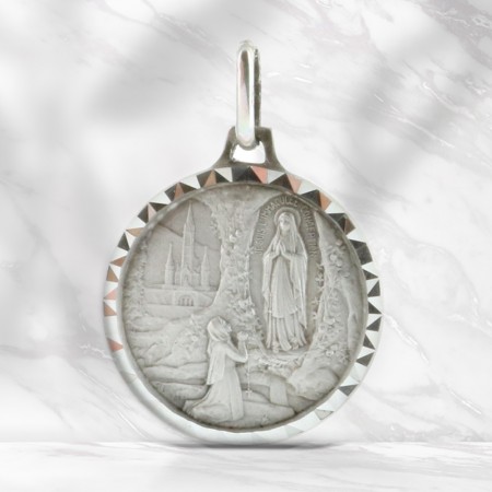 Medaglia rotonda di Argento con l'Apparizione di Lourdes 20mm