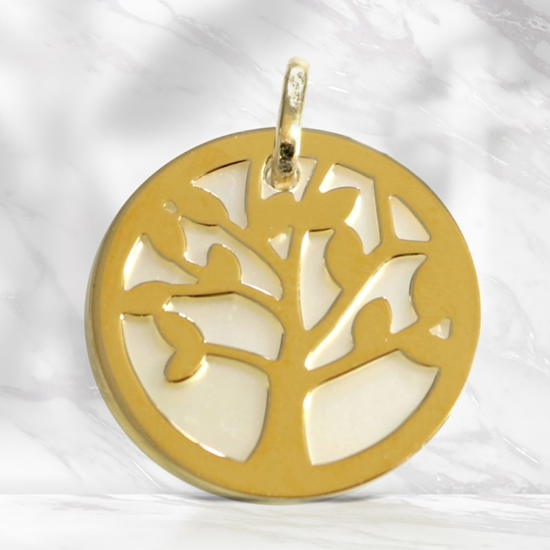 Gold tree of life medal on a mother of pearl background