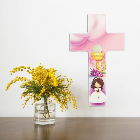 Croix de communion rose pour fille décorée d'un calice 15 cm