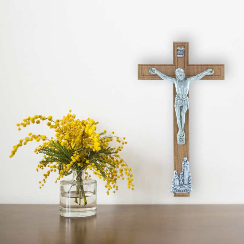 Crocifisso legno Cristo e Apparizione di Lourdes argentati 16,5 cm