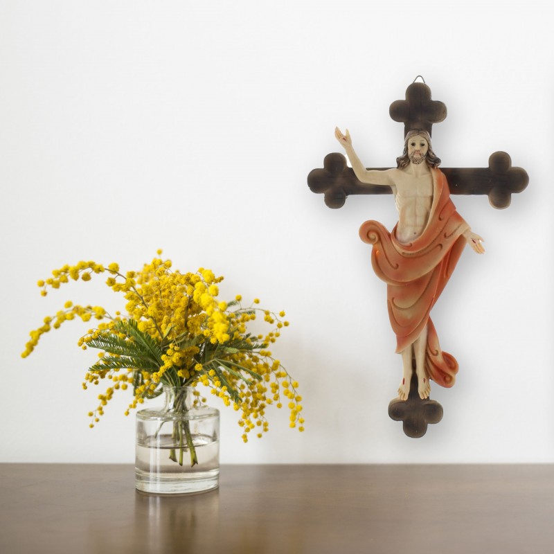 Crucifix Christ Ressuscité en résine colorée 22cm