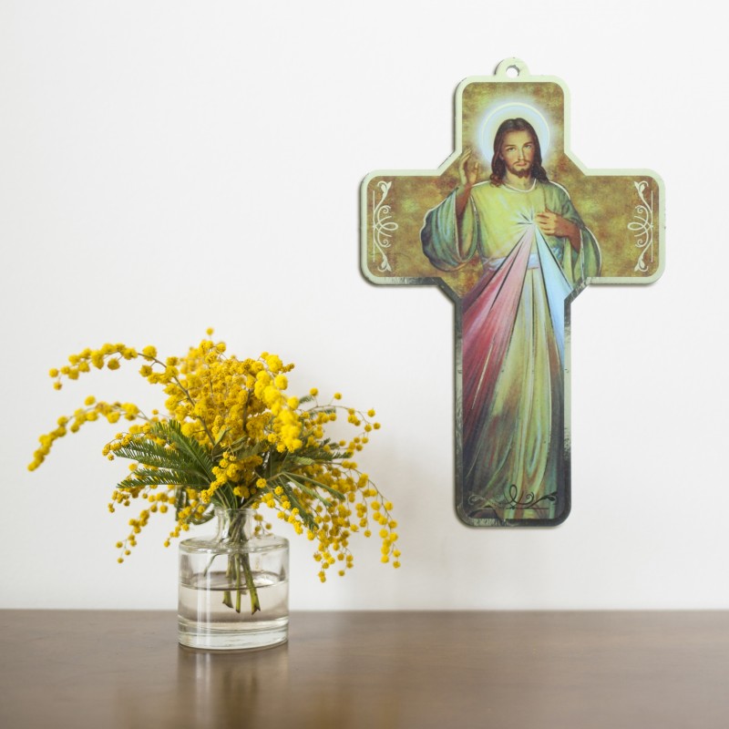 Croix en bois de Jésus Miséricordieux 18 cm