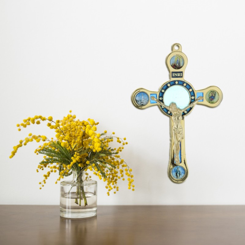 Lourdes Golden metal Crucifix with 4 views 12cm