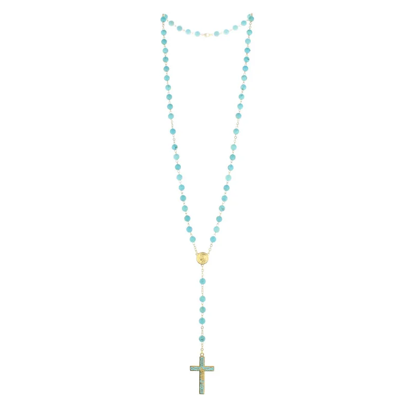 6mm Turquoise gold rosary with enamelled cross