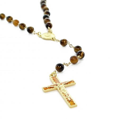 Gold rosary in 6mm Tiger eye stones with enamelled cross