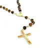 Rosario in oro con pietre occhio di tigre da 6 mm e croce smaltata