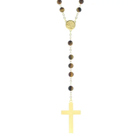 Rosario in oro con pietre occhio di tigre da 6 mm e croce smaltata