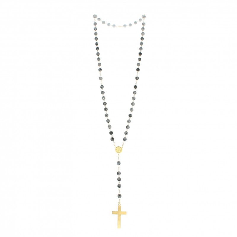 6mm Obsidian gold rosary with enamelled cross