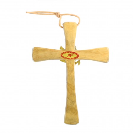 Croce religiosa in legno d'ulivo decorata con una colomba bianca