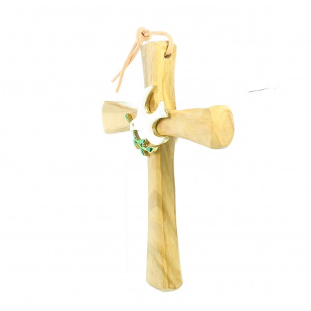 Olive wood religious cross decorated with a white dove