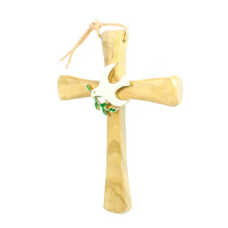 Croce religiosa in legno d'ulivo decorata con una colomba bianca