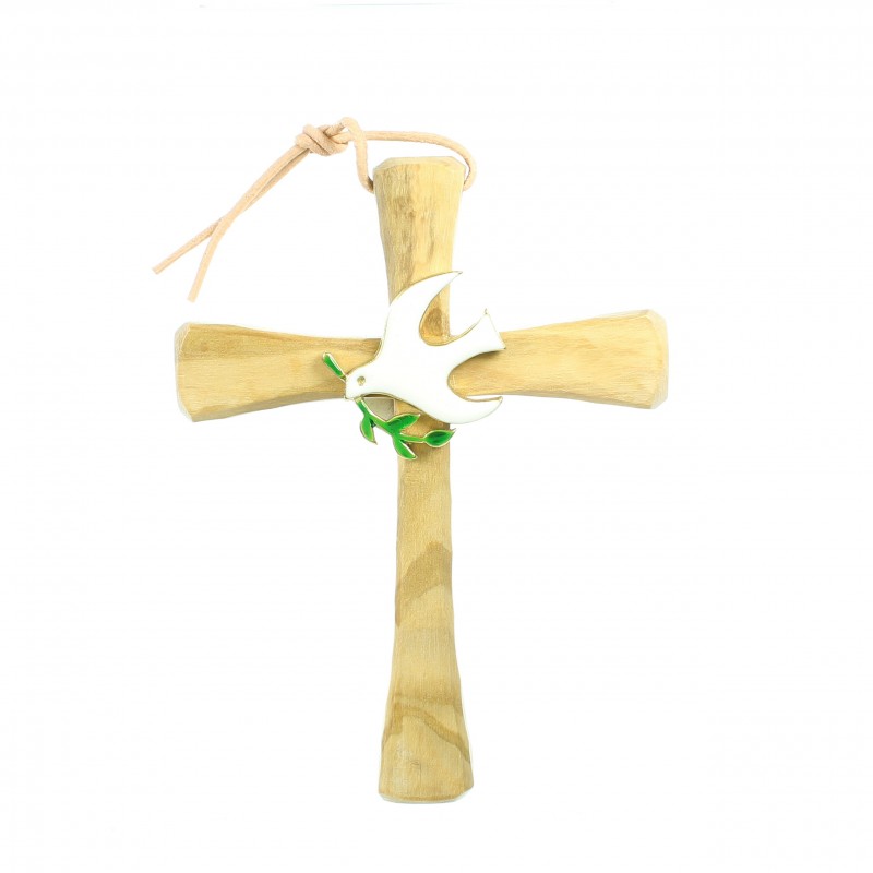 Croce religiosa in legno d'ulivo decorata con una colomba bianca