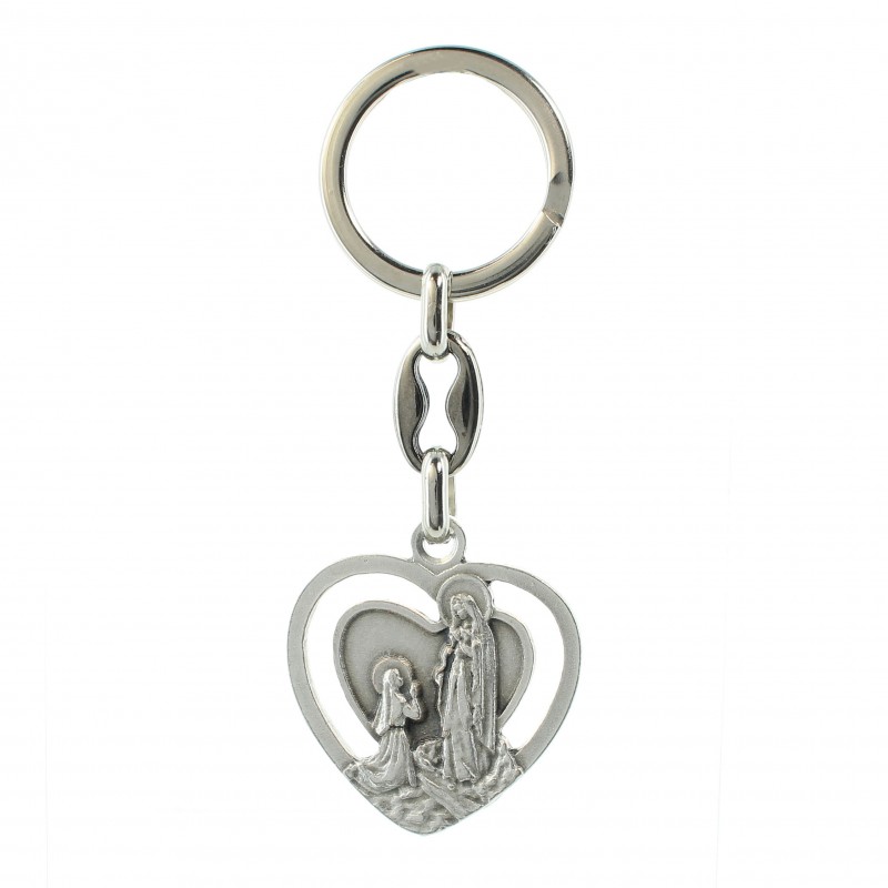 Porte clé en forme de coeur de l'Apparition de Lourdes et Basilique en métal