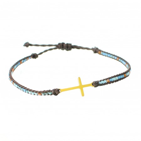 Brown rope and pearl bracelet with gold cross