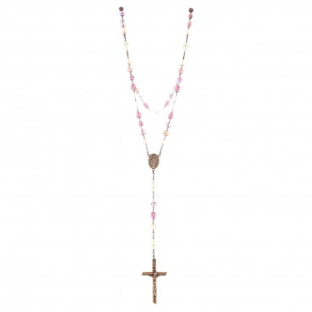 Purple glass rosary with Our Lady of Grace center piece and white beads