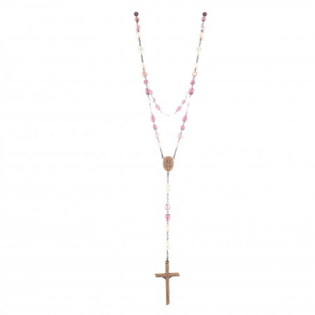 Chapelet en verre tons violets avec coeur Vierge Miraculeuse et perles blanches