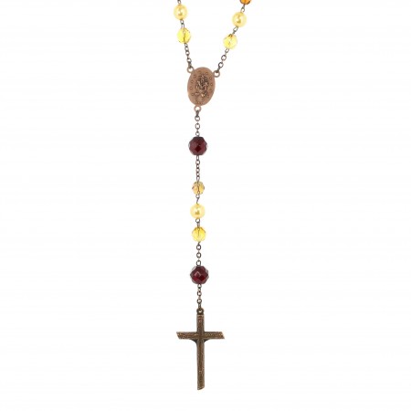 Rosario in vetro toni ambra con centro Madonna Miracolosa e perle viola