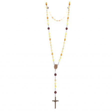 Chapelet en verre tons ambres avec coeur Vierge Miraculeuse et perles violettes