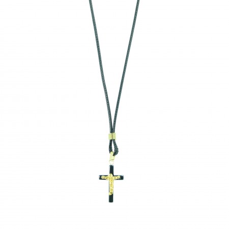 Collier en corde avec croix en hématite et Christ doré