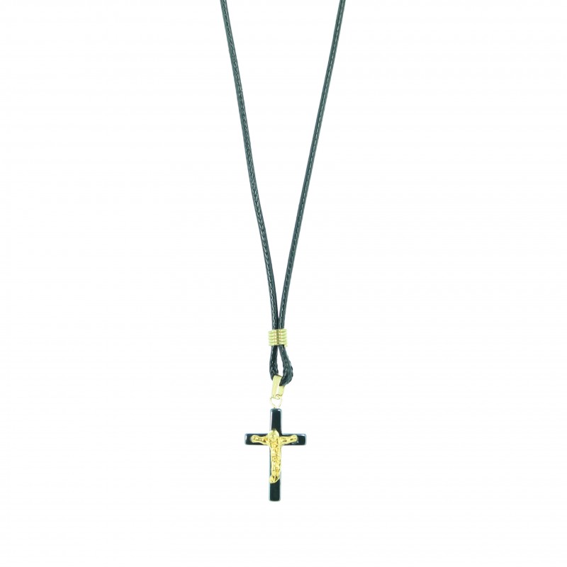 Collier en corde avec croix en hématite et Christ doré