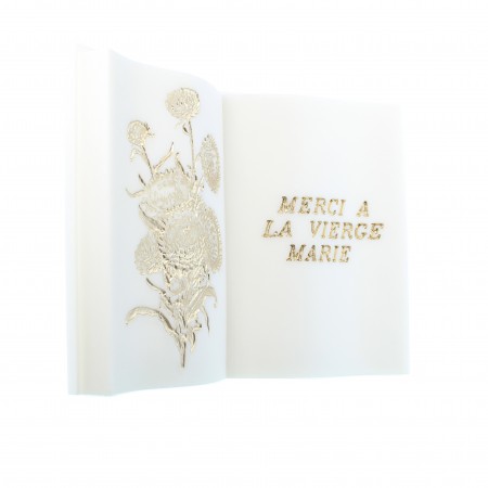 Plaque "Merci à la Vierge Marie" en forme de livre en résine blanche et or 15x21cm