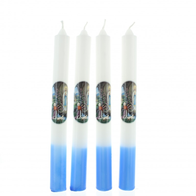 Lot de 4 bougies blanches et bleues de l'Apparition de Lourdes 2x19cm