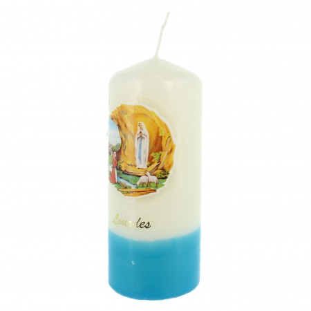 Bougie blanche et bleu de l'Apparition de Lourdes 5x11cm