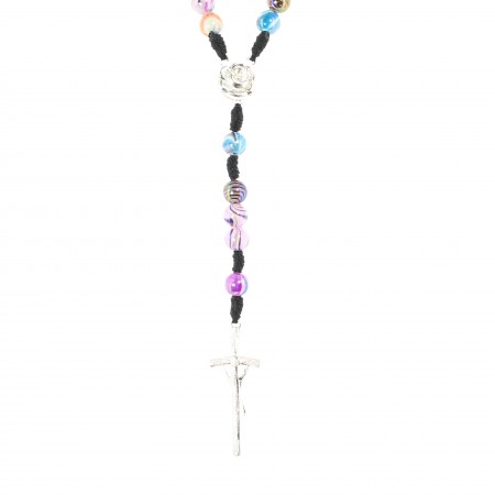 Chapelet de Lourdes corde noire avec grains mutlicolores