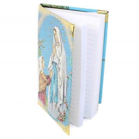 Bloc notes Notre Dame de Lourdes avec couverture en tissu brodé de fil doré