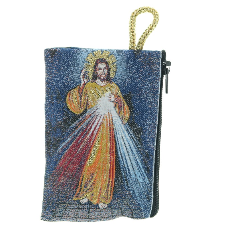 Rosary case in gilded thread 10x7 cm decorated with Christ the Merciful