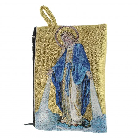Porta rosario in filo dorato 10x7 cm decorato con la Madonna Miracolosa