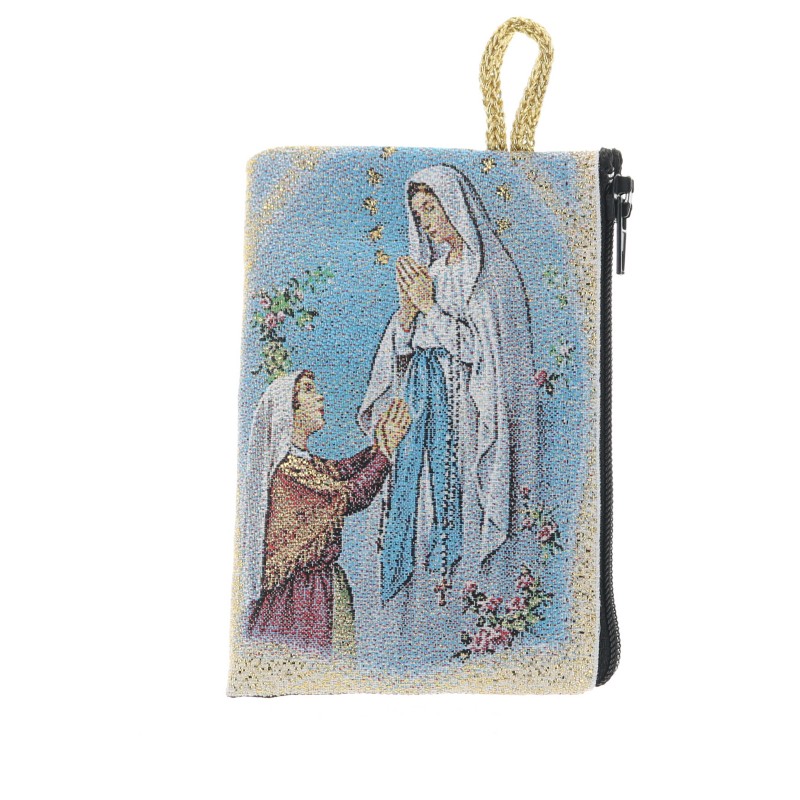 Gold wire rosary case 10x7 cm with the Apparition and Shrine of Lourdes