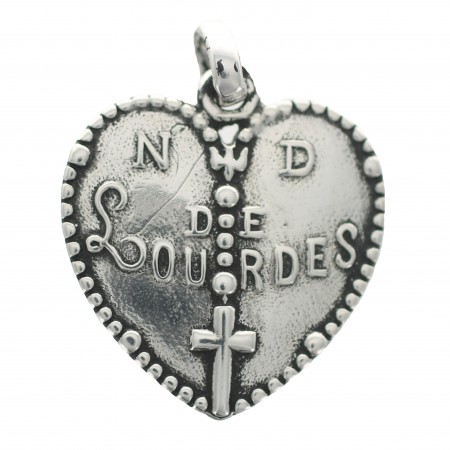 Médaille de Notre Dame de Lourdes en forme de coeur en plaqué argent