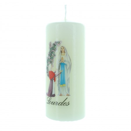 Candela color avorio con motivo dell'apparizione di Lourdes 5x12cm