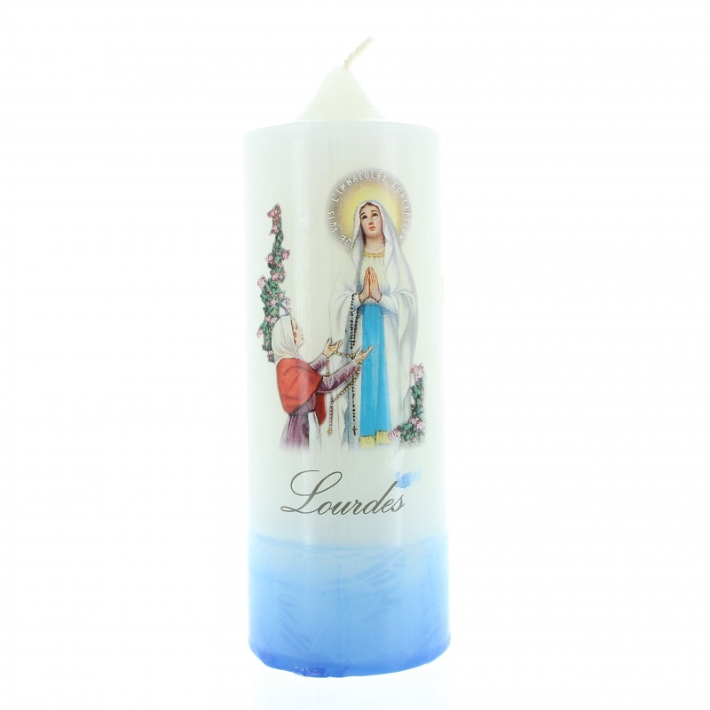 Candela bianca con motivo dell'Apparizione di Lourdes 6x15cm