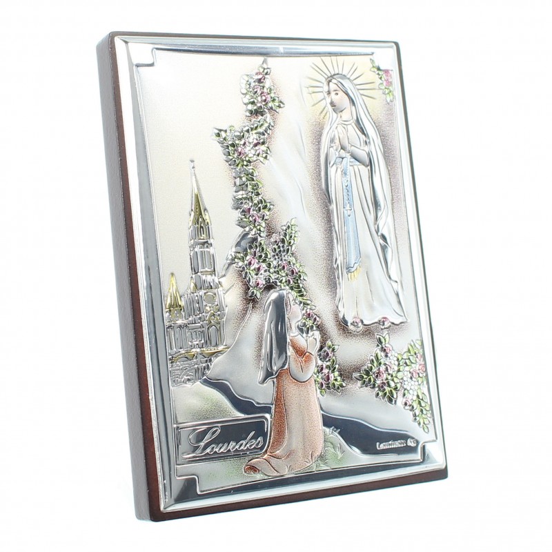 Cornice dell'Apparizione di Lourdes colorata in metallo argentato su legno 5x7cm