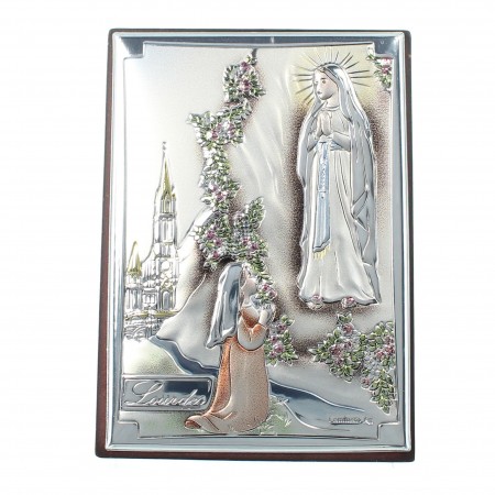 Cadre de l'Apparition de Lourdes colorisée en métal argenté sur bois 5x7cm