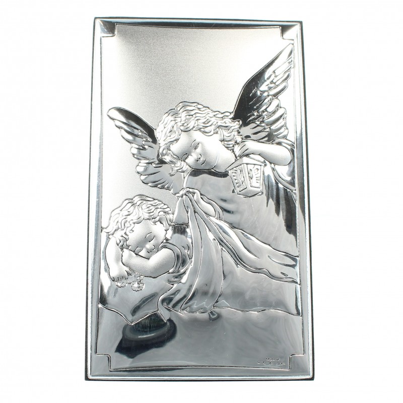 Guardian Angel frame in silver metal on wood 6x11cm