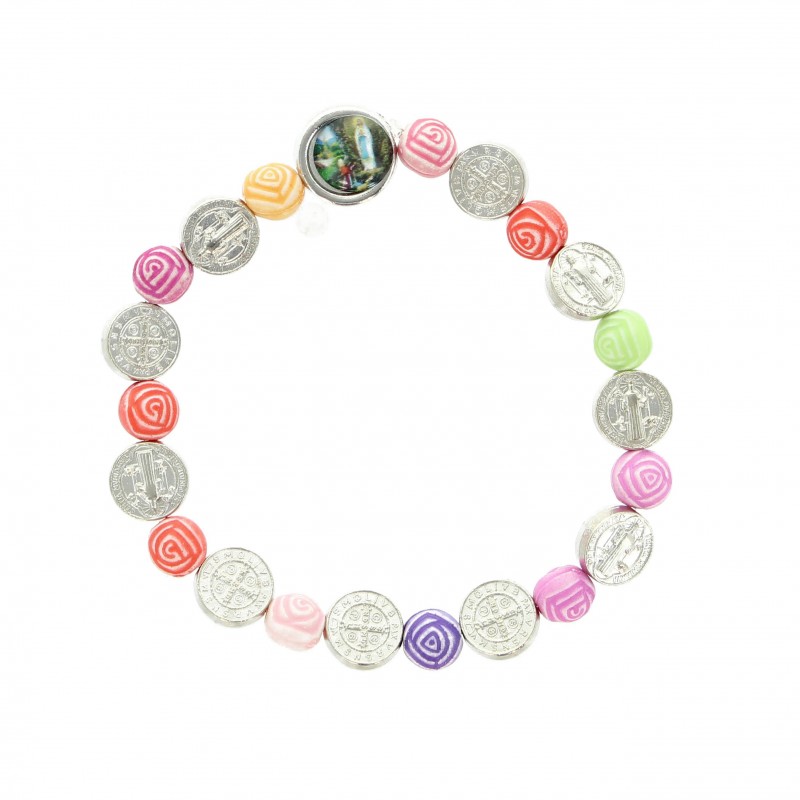 Bracelet with multicoloured beads and Saint Benedict medal